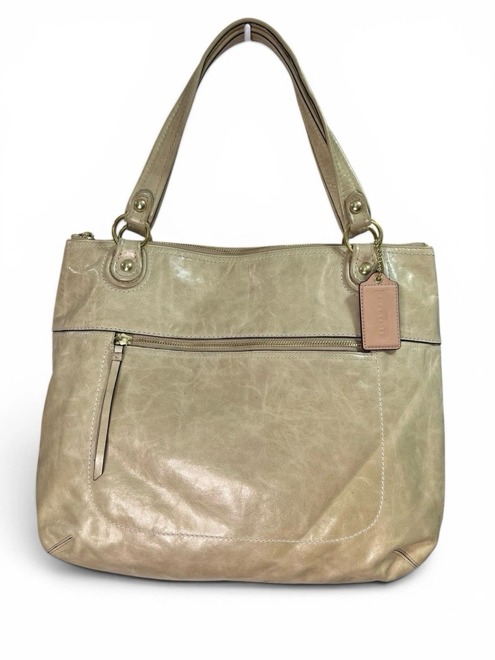 Coach Poppy Glam Large Glazed Leather Tote Bag 19002 Beige Taupe